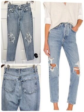 AGOLDE Distressed Jeans Fen High Rise Relaxed Taper Denim Blue Wander 25